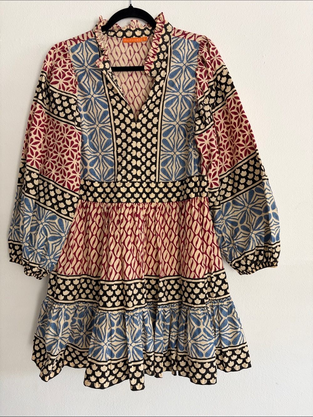 Oliphant Multi-Print Long Sleeve Tiered Dress in Blue, Red, Black, Cream. new